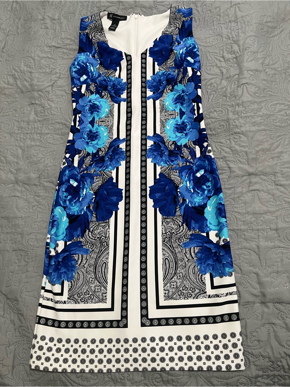 INC Floral Paisley Border Print Sheath Dress Blue White Black Scuba Stretch XSโ - Picture 2 of 6